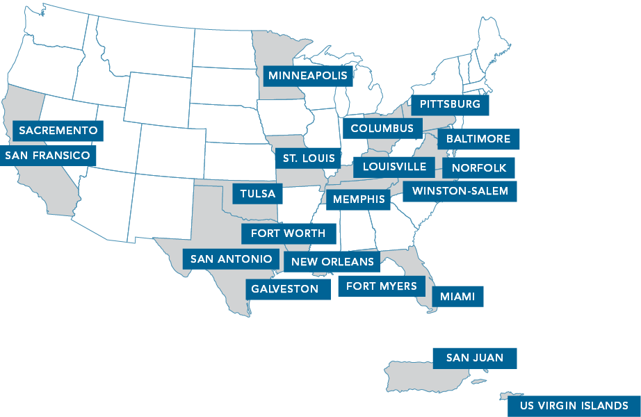 USI is located in: San Francisco, Sacramento, Minneapolis, St. Louis (Headquarters), Tulsa, New Orleans, Fort Worth, San Antonio, Galveston, Columbus, Louisville, Memphis, Pittsburgh, Baltimore, Norfolk, Winston-Salem, Fort Myers, Miami, San Juan, and US Virgin Islands
